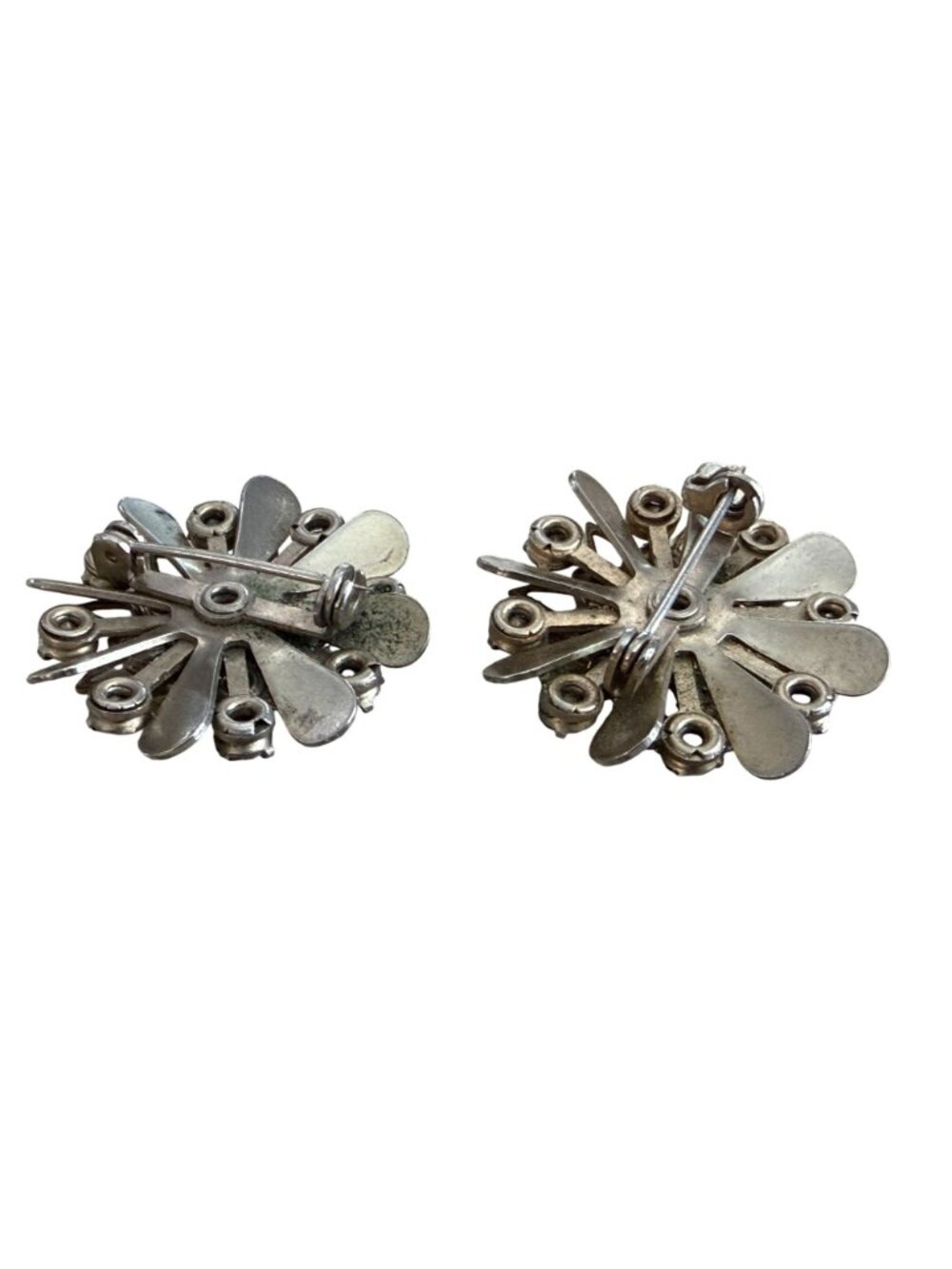 Vintage Set 2 Flower Blue Clear Rhinestones Brooches Silver Tone Matching 1.25" - Picture 6 of 6